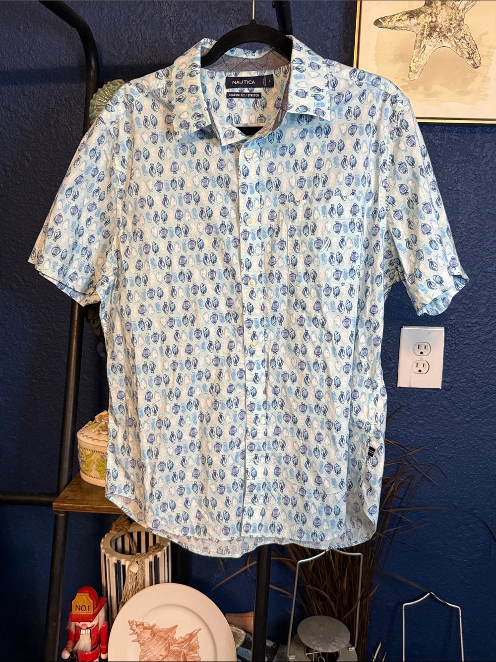 Nautica Light Blue Short-Sleeve Button-Down with Navy Motif